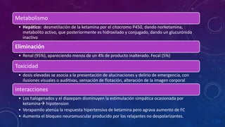 Metabolismo
• Hepático: desmetilación de la ketamina por el citocromo P450, dando norketamina,
metabolito activo, que posteriormente es hidroxilado y conjugado, dando un glucurónido
inactivo
Eliminación
• Renal (95%), apareciendo menos de un 4% de producto inalterado. Fecal (5%)
Toxicidad
• dosis elevadas se asocia a la presentación de alucinaciones y delirio de emergencia, con
ilusiones visuales o auditivas, sensación de flotación, alteración de la imagen corporal
interacciones
• Los halogenados y el diazepam disminuyen la estimulación simpática ocasionada por
ketamina hipotension
• Verapamilo atenúa la respuesta hipertensiva de ketamina pero agrava aumento de FC
• Aumenta el bloqueo neuromuscular producido por los relajantes no despolarizantes.
 