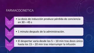 FARMACOCINETICA
Inicio de
accion
• La dosis de inducción produce pérdida de conciencia
en 30 – 45 s
Efecto
maximo
• 1 minuto después de la administración.
Duración
• El despertar varía desde los 5 – 10 min tras dosis única
hasta los 15 – 20 min tras interrumpir la infusión
 