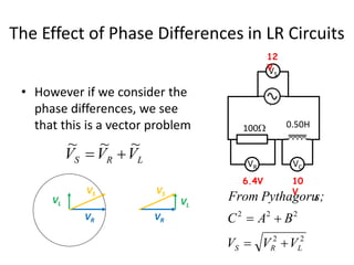 The Effect of Phase Differences in LR Circuits 
• However if we consider the 
phase differences, we see 
that this is a vector problem 
VL 
~ ~ ~ 
V  V  
V 
S R L VS 
VR 
12 
V 
100 0.50H 
From 
Pythagorus; VL 
2 2 2 
C  A  
B 
2 2 
V  V  
V 
S R L VS 
VR 
VS 
VR VC 
6.4V 10 
V 
 