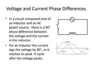 Voltage and Current Phase Differences 
• In a circuit composed only of 
an inductor and an AC 
power source, there is a 90° 
phase difference between 
the voltage and the current 
in the inductor. 
• For an inductor the current 
lags the voltage by 90°, so it 
reaches its peak ¼ cycle 
after the voltage peaks. 
 