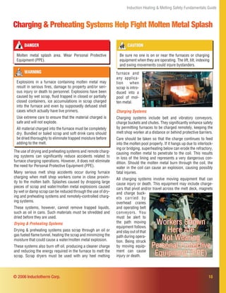 18
Induction Heating & Melting Safety Fundamentals Guide
Charging & Preheating Systems Help Fight Molten Metal Splash
© 2006 Inductotherm Corp.
furnace and
any applica-
tion when
scrap is intro-
duced into a
pool of mol-
ten metal.
The use of drying and preheating systems and remote charg-
ing systems can signiﬁcantly reduce accidents related to
furnace charging operations. However, it does not eliminate
the need for Personal Protective Equipment (PPE).
Many serious melt shop accidents occur during furnace
charging when melt shop workers come in close proxim-
ity to the molten bath. Splashes caused by dropping large
pieces of scrap and water/molten metal explosions caused
by wet or damp scrap can be reduced through the use of dry-
ing and preheating systems and remotely-controlled charg-
ing systems.
These systems, however, cannot remove trapped liquids,
such as oil in cans. Such materials must be shredded and
dried before they are used.
Drying & Preheating Systems
Drying & preheating systems pass scrap through an oil or
gas fueled ﬂame tunnel, heating the scrap and minimizing the
moisture that could cause a water/molten metal explosion.
These systems also burn off oil, producing a cleaner charge
and reducing the energy required in the furnace to melt the
scrap. Scrap dryers must be used with any heel melting
WARNING
Explosions in a furnace containing molten metal may
result in serious ﬁres, damage to property and/or seri-
ous injury or death to personnel. Explosions have been
caused by wet scrap, ﬂuid trapped in closed or partially
closed containers, ice accumulations in scrap charged
into the furnace and even by supposedly defused shell
cases which actually have live primers.
Use extreme care to ensure that the material charged is
safe and will not explode.
All material charged into the furnace must be completely
dry. Bundled or baled scrap and soft drink cans should
be dried thoroughly to eliminate trapped moisture before
adding to the melt.
CAUTION
Be sure no one is on or near the furnaces or charging
equipment when they are operating. The lift, tilt, indexing
and swing movements could injure bystanders.
DANGER
Molten metal splash area. Wear Personal Protective
Equipment (PPE).
Charging Systems
Charging systems include belt and vibratory conveyors,
charge buckets and chutes. They signiﬁcantly enhance safety
by permitting furnaces to be charged remotely, keeping the
melt shop worker at a distance or behind protective barriers.
Care should be taken so that the charge continues to feed
into the molten pool properly. If it hangs up due to interlock-
ing or bridging, superheating below can erode the refractory,
causing molten metal to penetrate to the coil. This results
in loss of the lining and represents a very dangerous con-
dition. Should the molten metal burn through the coil, the
water in the coil can cause an explosion, causing possibly
fatal injuries.
All charging systems involve moving equipment that can
cause injury or death. This equipment may include charge-
cars that pivot and/or travel across the melt deck, magnets
and charge buck-
ets carried by
overhead cranes
and operating belt
conveyors. You
must be alert to
the path moving
equipment follows
and stay out of that
path during opera-
tion. Being struck
by moving equip-
ment can cause
injury or death.
Workers Shown
Here Are
Not Wearing
Personal Protective
Equipment (PPE)
 