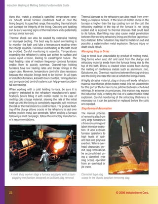 23
Induction Heating & Melting Safety Fundamentals Guide
tions that match a product’s speciﬁed temperature rang-
es. Should actual furnace conditions heat or cool the
lining beyond its speciﬁed range, the resulting thermal shock
can damage the integrity of the lining. Cracking and spalling
can be early warning signs of thermal shock and a potentially
serious metal run-out.
Thermal shock can also be caused by excessive heating
or improper cooling. The best way to avoid overheating is
to monitor the bath and take a temperature reading when
the charge liqueﬁes. Excessive overheating of the bath must
be avoided. Careful monitoring is essential. Temperatures
exceeding the refractory’s rating can soften its surface and
cause rapid erosion, leading to catastrophic failure. The
high heating rates of medium frequency coreless furnaces
enable them to quickly overheat. Channel-type holding
furnaces have low heating rates and thicker linings in the
upper case. However, temperature control is also necessary
because the inductor linings tend to be thinner. In all types
of induction furnaces, kilowatt-hour counters, timing devices
and computerized control systems can help prevent acciden-
tal overheating.
When working with a cold holding furnace, be sure it is
properly preheated to the refractory manufacturer’s speci-
ﬁcations before ﬁlling it with molten metal. In the case of
melting cold charge material, slowing the rate of the initial
heat-up until the lining is completely expanded will minimize
the risk of thermal shock to a cold furnace. The gradual heat-
ing of the charge allows cracks in the refractory to seal over
before molten metal can penetrate. When cooling a furnace
following a melt campaign, follow the refractory manufactur-
er’s recommendations.
A melt shop worker slags a furnace equipped with a back-
slagging mechanism designed to facilitate slag removal.
Clamshell type slag
scoop in the closed position removing slag.
Thermal damage to the refractory can also result from over-
ﬁlling a coreless furnace. If the level of molten metal in the
furnace is higher than the top cooling turn on the coil, the
refractory material in the top of the furnace is not being
cooled and is exposed to thermal stresses that could lead
to its failure. Overﬁlling may also cause metal penetration
between the working refractory lining and the top cap refrac-
tory material. Either situation may lead to metal run-out and
possibly a water/molten metal explosion. Serious injury or
death could result.
Managing Slag or Dross
Slag or dross is an unavoidable by-product of melting metal.
Slag forms when rust, dirt and sand from the charge and
refractory material erode from the furnace lining rise to the
top of the bath. Dross is created when oxides form during
the melting of nonferrous metals such as aluminum, zinc,
Galvalume, etc. Chemical reactions between the slag or dross
and the lining increase the rate at which the lining erodes.
A highly abrasive material, slag or dross will erode refractory
material near the top of the molten metal. It is not uncommon
for this part of the furnace to be patched between scheduled
relinings. In extreme circumstances, this erosion may expose
the induction coils, creating the risk of a water/molten metal
explosion. Careful monitoring of the refractory thickness is
necessary so it can be patched or replaced before the coils
are exposed.
Slag Removal Automation
© 2006 Inductotherm Corp.
The manual process
of removing slag from
very large furnaces is
a time consuming and
labor intensive opera-
tion. It also exposes
furnace operators to
high levels of radi-
ant heat and physical
exertion. Where over-
head clearances per-
mit, slag removal can
be accomplished us-
ing a clamshell type
slag scoop operated
from an overhead or
jib crane.
 