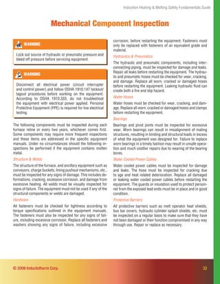 32
Induction Heating & Melting Safety Fundamentals Guide
Mechanical Component Inspection
The following components must be inspected during each
furnace reline or every two years, whichever comes ﬁrst.
Some components may require more frequent inspections
and these items are addressed in the speciﬁc equipment
manuals. Under no circumstances should the following in-
spections be performed if the equipment contains molten
metal.
Structure & Welds
The structure of the furnace, and ancillary equipment such as
conveyors, charge buckets, lining pushout mechanisms, etc.,
must be inspected for any signs of damage. This includes de-
formations, cracking, excessive corrosion, and damage from
excessive heating. All welds must be visually inspected for
signs of failure. The equipment must not be used if any of the
structural components or welds are damaged.
Hardware
All fasteners must be checked for tightness according to
torque speciﬁcations outlined in the equipment manuals.
The fasteners must also be inspected for any signs of fail-
ure, including excessive corrosion. Replace all fasteners and
washers showing any signs of failure, including excessive
corrosion, before restarting the equipment. Fasteners must
only be replaced with fasteners of an equivalent grade and
material.
Hydraulics & Pneumatics
The hydraulic and pneumatic components, including inter-
connecting piping, must be inspected for damage and leaks.
Repair all leaks before restarting the equipment. The hydrau-
lic and pneumatic hoses must be checked for wear, cracking,
and damage. Replace all worn, cracked or damaged hoses
before restarting the equipment. Leaking hydraulic ﬂuid can
create both a ﬁre and slip hazard.
Water Hoses
Water hoses must be checked for wear, cracking, and dam-
age. Replace all worn, cracked or damaged hoses and clamps
before restarting the equipment.
Bearings
Bearings and pivot joints must be inspected for excessive
wear. Worn bearings can result in misalignment of mating
structures, resulting in binding and structural loads in excess
of what the equipment was designed for. Failure to replace
worn bearings in a timely fashion may result in unsafe opera-
tion and much costlier repairs due to wearing of the bearing
bores.
Water Cooled Power Cables
Water cooled power cables must be inspected for damage
and leaks. The hose must be inspected for cracking due
to age and heat related deterioration. Replace all damaged
or leaking water cooled power cables before restarting the
equipment. The guards or insulation used to protect person-
nel from the exposed lead ends must be in place and in good
condition.
Protective Barriers
All protective barriers such as melt operator heat shields,
bus bar covers, hydraulic cylinder splash shields, etc. must
be inspected on a regular basis to make sure that they have
not been damaged or their function compromised in any way
through use. Repair or replace as necessary.
© 2006 Inductotherm Corp.
WARNING
Lock out source of hydraulic or pneumatic pressure and
bleed off pressure before servicing equipment.
WARNING
Disconnect all electrical power (circuit interrupter
and control power) and follow OSHA 1910.147 lockout/
tagout procedures before working on the equipment.
According to OSHA 1910.333, do not troubleshoot
the equipment with electrical power applied. Personal
Protective Equipment (PPE) is required for live electrical
testing.
 