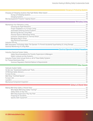 _____________________________________________ 18
_________________________________________________________________ 18
__________________________________________________________________________ 18
___________________________________________________________ 19
___________________________________________________________________ 20
_________________________________________________________________ 21
__________________________________________________________ 21
___________________________________________________________ 21
________________________________________________________________ 22
____________________________________________________________ 22
________________________________________________________ 22
_____________________________________________________________________ 23
____________________________________________________________________ 23
_________________________________________________________________________________ 24
______________ 24
___________________________________________________________________ 25
_____________________________________________________________________ 25
_______________________________________ 26
_______________________________________________________________ 27
__________________________________________ 27
_________________________________________________________________________ 28
_____________________________________________ 29
___________________________________________________________________________ 29
_____________________________________________________________ 30
__________________________________________________________________________ 30
___________________________________________________________________________________ 30
________________________________________________________________________ 31
____________________________________________________________________________________ 31
_______________________________________________________________________________________ 31
___________________________________________________________________ 32
_______________________________________________________________ 33
_________________________________________________________ 33
_____________________________________________________________________ 33
___________________________________________________________ 33
______________________________________________________________________ 34
_____________________________________________________________________ 34
IV
Induction Heating & Melting Safety Fundamentals Guide
© 2006 Inductotherm Corp.
Charging & Preheating Systems
Charging & Preheating Systems Help Fight Molten Metal Splash
Drying & Preheating Systems
Charging Systems
Moving Equipment Presents Trapping Hazard
Refractory Lining
Maintaining Your Refractory Lining
Choosing the Right Refractory
Proper Installation of a Furnace Lining
Automated Sintering Control Systems
Monitoring Normal Lining Wear
Physical Shock & Mechanical Stress
Excessive Temperatures & Thermal Shock
Managing Slag or Dross
Slag Removal Automation
Inductive Stirring
Melt Automation Technology Helps The Operator To Prevent Accidental Superheating & Lining Damage
Electrical Monitoring of Lining Wear
Electrical Operation & Safety Precautions
Induction Electrical System Safety
Safety Recommendations for Foundry Supervisors & Managers
Safety Lockouts are Key Systems
Induction Power Units Include Some or All of These Safety Systems
For Trained Electricians Only
Common Regulatory Electrical Notices & Requirements
Other Hazards
Hydraulic System Safety
Do Not Use “Substitute/Unauthorized” Parts
VITON Seal Safety Advisory
Furnace Arcing
Melt Shop “Conﬁned Spaces”
Furnace Lids
Launders
Mechanical Component Inspection
Safety Is A Shared Value
Making Melt Shop Safety a Shared Value
Who Needs Melt Shop Safety Training?
Safety Starts on Day One
Melt Shop Supervisors Play Key Role
Preparing for Accidents
Specify Safer Equipment
 