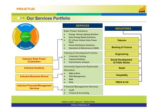Our Services PortfolioOur Services Portfolio
INDUSTRIES
SERVICES
S l P S l ti
Telecom
Solar Power Solutions
 Energy Saving Lighting Solution.
 Solar Energy Based Solutions.
 PV (Photo Voltaic) Solar Power
Plant.
Banking & Finance
EngineeringTraining & Development Centre
 Corporate Training
 Power Distribution Solutions.
 Operations & Maintenance (O&M).
University Approved Systematic
Social Development
& Public Sector
Retail
 Corporate Training.
 Capacity Building.
 Psychometric Analysis.
Inductus Academy
Inductus Solar Power
Corporation
Education
 MBA & MCA.
 NGO Management.
 BBA.
Retail
Hospitality
Inductus Business School
ductus cade y
FMCG & CD BCA. FMCG & CD
Inductus Financial Management
Services
Financial Management Services
 Audit .
 Finance & Accounting.
w w w . b s i l . c o m www.inductus.in
Helpline (24X7 Support) Helpline (24X7 Support) –– 92346 92346 92346 92346 
 
