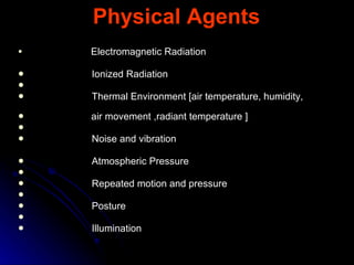 Physical Agents     Electromagnetic Radiation     Ionized Radiation   Thermal Environment [air temperature, humidity,  air movement ,radiant temperature ]   Noise and vibration    Atmospheric Pressure   Repeated motion and pressure   Posture   Illumination 