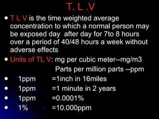 T. L .V T L V  is the time weighted average concentration to which a normal person may be exposed day  after day for 7to 8 hours over a period of 40/48 hours a week without adverse effects Units of TL V : mg per cubic meter--mg/m3 Parts per million parts --ppm 1ppm =1inch in 16miles 1ppm =1 minute in 2 years 1ppm =0.0001% 1% =10.000ppm 