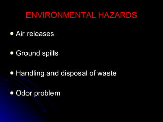 ENVIRONMENTAL HAZARDS Air releases Ground spills Handling and disposal of waste Odor problem 