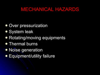MECHANICAL HAZARDS Over pressurization System leak Rotating/moving equipments Thermal burns Noise generation Equipment/utility failure 