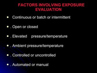 FACTORS INVOLVING EXPOSURE EVALUATION Continuous or batch or intermittent . Open or closed . Elevated  pressure/temperature . Ambient pressure/temperature . Controlled or uncontrolled . Automated or manual 