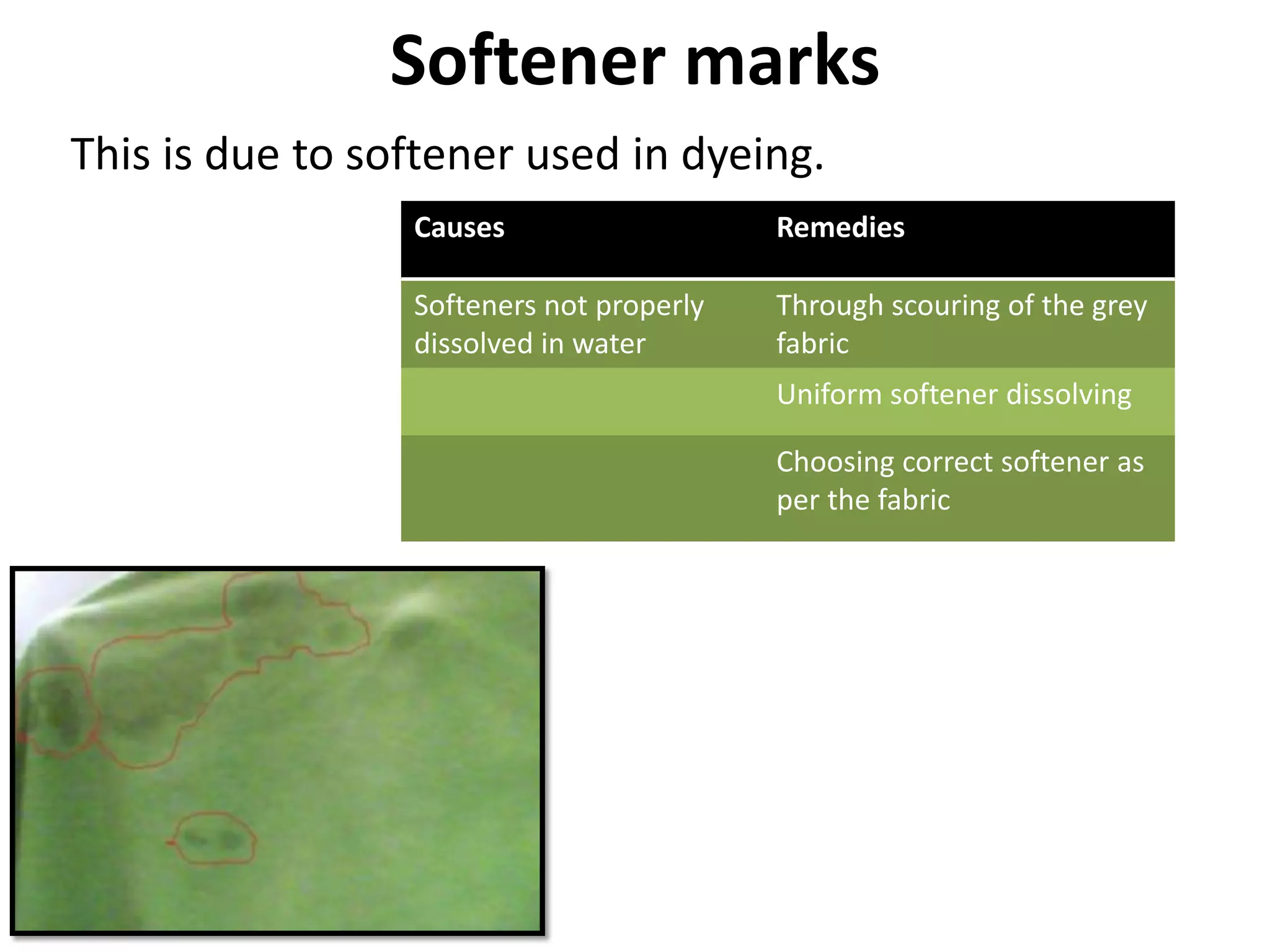 Softener marks
Causes Remedies
Softeners not properly
dissolved in water
Through scouring of the grey
fabric
Uniform softener dissolving
Choosing correct softener as
per the fabric
This is due to softener used in dyeing.
 