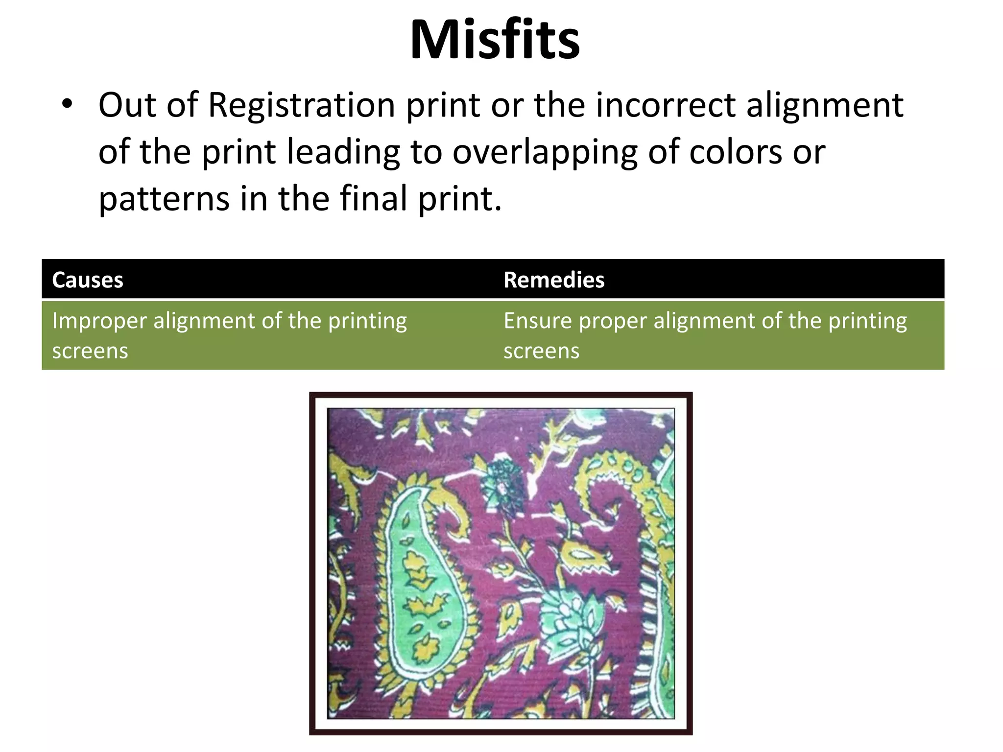 Misfits
• Out of Registration print or the incorrect alignment
of the print leading to overlapping of colors or
patterns in the final print.
Causes Remedies
Improper alignment of the printing
screens
Ensure proper alignment of the printing
screens
 