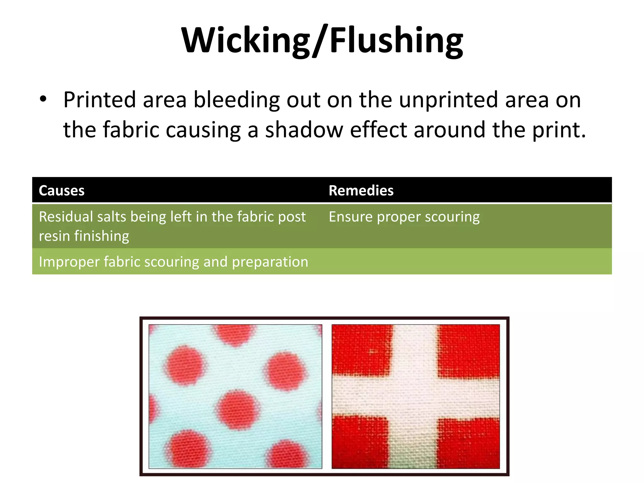 Wicking/Flushing
• Printed area bleeding out on the unprinted area on
the fabric causing a shadow effect around the print.
Causes Remedies
Residual salts being left in the fabric post
resin finishing
Ensure proper scouring
Improper fabric scouring and preparation
 