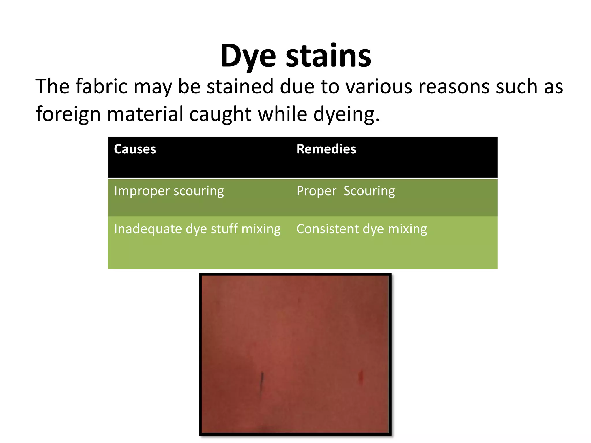 Dye stains
Causes Remedies
Improper scouring Proper Scouring
Inadequate dye stuff mixing Consistent dye mixing
The fabric may be stained due to various reasons such as
foreign material caught while dyeing.
 