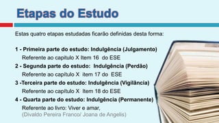 Etapas do EstudoEstas quatro etapas estudadas ficarão definidas desta forma:1 - Primeira parte do estudo: Indulgência (Julgamento)	Referente ao capitulo X Item 16  do ESE2 - Segunda parte do estudo:  Indulgência (Perdão) 	Referente ao capítulo X  item 17 do  ESE3 -Terceira parte do estudo: Indulgência (Vigilância) 	Referente ao capítulo X  Item 18 do ESE4 - Quarta parte do estudo: Indulgência (Permanente) 	Referente ao livro: Viver e amar, (Divaldo Pereira Franco/ Joana de Angelis)