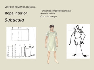 Ropa	
  interior	
  
Subucula	
  
VESTIDOS	
  ROMANOS.	
  Hombres.	
  
Túnica	
  ﬁna	
  a	
  modo	
  de	
  camiseta.	
  
Hasta	
  la	
  rodilla.	
  
Con	
  o	
  sin	
  mangas.	
  
 