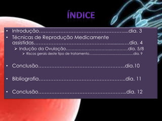 • Introdução……………………………………………....dia. 3
• Técnicas de Reprodução Medicamente
  assistidas………………………………………...........….dia. 4
   Indução da Ovulação…………………………..…………dia. 5/8
      Riscos gerais deste tipo de tratamento…............................................dia. 9


• Conclusão……………………………………………..dia.10

• Bibliografia……………………………………………..dia. 11

• Conclusão……………………………………………...dia. 12
 