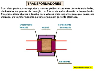 Quando a espira é girada no campo magnético ocorre uma variação do número de linhas de campo magnético (fluxo) que atravessa a espira. Quando o plano da espira for perpendicular as linhas, um número máximo dessas linhas estará atravessando o interior da espira. Quando o plano for paralelo às linhas, nenhuma linha estará atravessando a espira. A rotação contínua ora aumenta ora diminui o fluxo magnético através da espira. A variação máxima de fluxo ocorre quando o número de linhas que atravessa a espira é instantaneamente nulo. Portanto, a força eletromotriz induzida é máxima  quando a espira está paralela ao campo: f.e.mtempoO fluxo magnético ora aumenta, ora diminui. Isso faz com que a corrente mude de sentido periodicamente. O gerador gera corrente alternada. www.fisicaatual.com.br