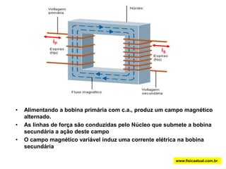 www.fisicaatual.com.brO gráfico mostra como a corrente alternada varia com o tempo à medida que a espira gira dentro do campo : Vamos analisar esta variação, supondo uma lâmpada ligada à espira de um gerador de corrente alternada:O instante t = 0, no qual a espira se encontra na posição mostrada na figura a, a lâmpada está apagada, mostrando que, neste instante, não há corrente no circuito. Enquanto a espira gira, até alcançar a posição mostrada na figura b, a corrente cresce, atingindo, nesta posição, seu valor máximo (instante t1 no gráfico). A lâmpada adquire seu maior brilho neste momento. Continuando a girar, a espira alcança a posição mostrada na figura c, onde, novamente, a corrente é nula e a lâmpada se apaga (instante t2 no gráfico). A partir de t2, a corrente muda de sentido. No instante t3, o módulo da corrente alcança seu valor máximo e a lâmpada brilha com a mesma intensidade que ela apresentava na figura b. No instante t4 a espira retorna à sua lâmpada. Isto acontece porque a corrente alternada tem frequencia relativamente alta. Na maioria das cidades brasileiras, esta frequencia é 60 Hz. As flutuações no brilho das lâmpadas são muito rápidas e nossos olhos não conseguem percebê-las.