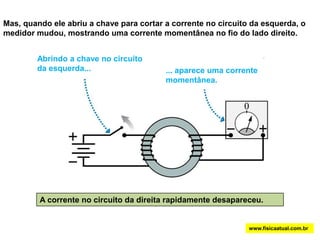 Mas, quando ele abriu a chave para cortar a corrente no circuito da esquerda, o medidor mudou, mostrando uma corrente momentânea no fio do lado direito.Abrindo a chave no circuito da esquerda...... aparece uma corrente momentânea.Mas quando ele abriu o interruptor para cortar a corrente no circuito de esquerda, o medidor de repente, mudou-se, mostrando uma corrente momentânea no fio do lado direitoA corrente no circuito da direitarapidamente desapareceu.www.fisicaatual.com.br