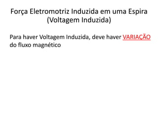 Para haver Voltagem Induzida, deve haver VARIAÇÃO
do fluxo magnético
Força Eletromotriz Induzida em uma Espira
(Voltagem Induzida)
 