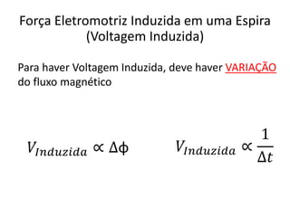 𝑉𝐼𝑛𝑑𝑢𝑧𝑖𝑑𝑎 ∝ ∆φ 𝑉𝐼𝑛𝑑𝑢𝑧𝑖𝑑𝑎 ∝
1
∆𝑡
Para haver Voltagem Induzida, deve haver VARIAÇÃO
do fluxo magnético
Força Eletromotriz Induzida em uma Espira
(Voltagem Induzida)
 