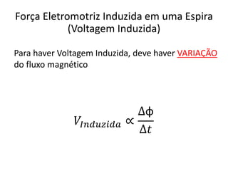𝑉𝐼𝑛𝑑𝑢𝑧𝑖𝑑𝑎 ∝
∆φ
∆𝑡
Para haver Voltagem Induzida, deve haver VARIAÇÃO
do fluxo magnético
Força Eletromotriz Induzida em uma Espira
(Voltagem Induzida)
 