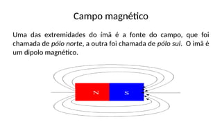 Campo magnético
Uma das extremidades do ímã é a fonte do campo, que foi
chamada de pólo norte, a outra foi chamada de pólo sul. O imã é
um dipolo magnético.
 