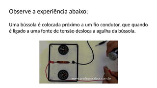 Observe a experiência abaixo:
Uma bússola é colocada próximo a um fio condutor, que quando
é ligado a uma fonte de tensão desloca a agulha da bússola.
 
