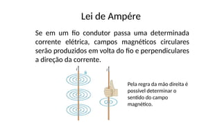 Lei de Ampére
Se em um fio condutor passa uma determinada
corrente elétrica, campos magnéticos circulares
serão produzidos em volta do fio e perpendiculares
a direção da corrente.
Pela regra da mão direita é
possível determinar o
sentido do campo
magnético.
 