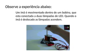 Observe a experiência abaixo:
Um ímã é movimentado dentro de um bobina, que
esta conectada a duas lâmpadas de LED. Quando o
ímã é deslocado as lâmpadas acendem.
 