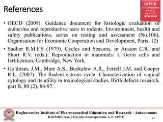 RIPER
AUTONOMOUS
NAAC &
NBA (UG)
SIRO- DSIR
Raghavendra Institute of Pharmaceutical Education and Research - Autonomous
K.R.Palli Cross, Chiyyedu, Anantapuramu, A. P- 515721 23
• OECD (2009). Guidance document for histologic evaluation of
endocrine and reproductive tests in rodents. Environment, health and
safety publications, series on testing and assessment (No.106),
Organisation for Economic Cooperation and Development, Paris. 12)
• Sadlier R.M.F.S (1979). Cycles and Seasons, in Auston C.R. and
Short R.V. (eds.), Reproduction in mammals: I. Germ cells and
fertilization, Cambridge, New York.
• Goldman, J.M., Murr A.S., Buckalew A.R., Ferrell J.M. and Cooper
R.L. (2007). The Rodent estrous cycle: Characterization of vaginal
cytology and its utility in toxicological studies, Birth defects research,
part B, 80 (2), 84-97.
References
 