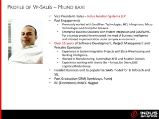PROFILE OF VP-SALES – MILIND BAXI
• Vice President -Sales – Indus Aviation Systems LLP
• Past Engagements
• Previously wor...