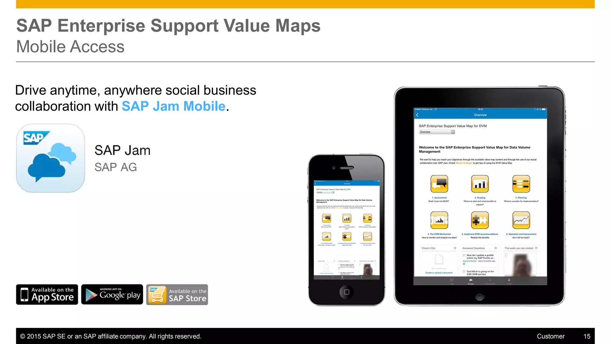 © 2015 SAP SE or an SAP affiliate company. All rights reserved. 15Customer
SAP Enterprise Support Value Maps
Mobile Access
Drive anytime, anywhere social business
collaboration with SAP Jam Mobile.
 
