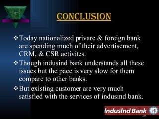 conclusion Today nationalized privare & foreign bank are spending much of their advertisement, CRM, & CSR activites. Though indusind bank understands all these issues but the pace is very slow for them compare to other banks. But existing customer are very much satisfied with the services of indusind bank. 