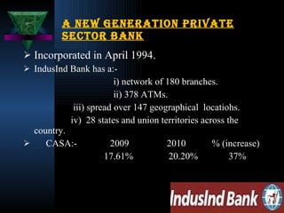 A New Generation Private Sector Bank Incorporated in April 1994. IndusInd Bank has a:- i) network of 180 branches. ii) 378 ATMs. iii) spread over 147 geographical  locatiohs.  iv)  28 states and union territories across the country. CASA:-  2009  2010  % (increase) 17.61%  20.20%  37%  