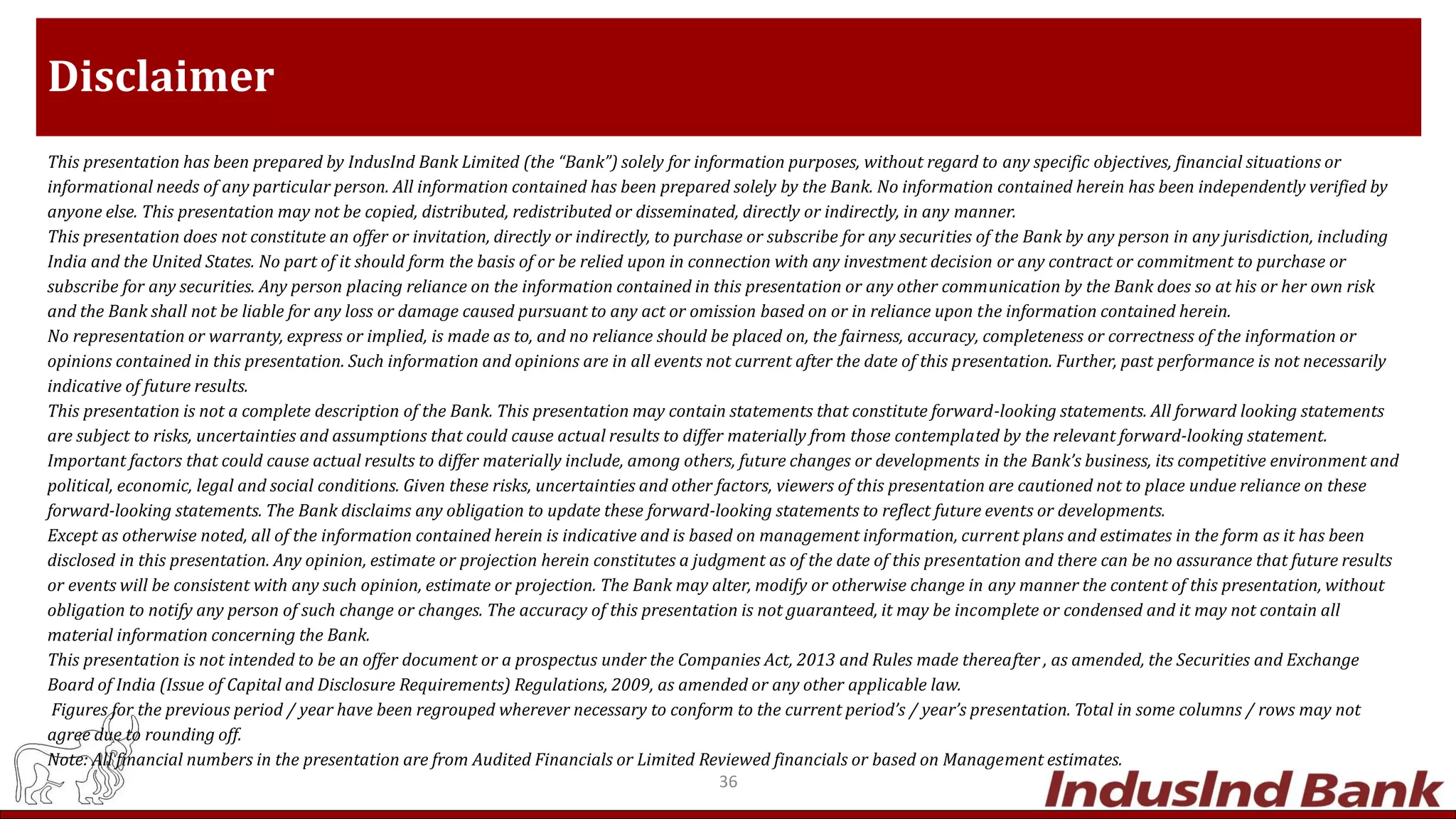 Disclaimer
This presentation has been prepared by IndusInd Bank Limited (the “Bank”) solely for information purposes, without regard to any specific objectives, financial situations or
informational needs of any particular person. All information contained has been prepared solely by the Bank. No information contained herein has been independently verified by
anyone else. This presentation may not be copied, distributed, redistributed or disseminated, directly or indirectly, in any manner.
This presentation does not constitute an offer or invitation, directly or indirectly, to purchase or subscribe for any securities of the Bank by any person in any jurisdiction, including
India and the United States. No part of it should form the basis of or be relied upon in connection with any investment decision or any contract or commitment to purchase or
subscribe for any securities. Any person placing reliance on the information contained in this presentation or any other communication by the Bank does so at his or her own risk
and the Bank shall not be liable for any loss or damage caused pursuant to any act or omission based on or in reliance upon the information contained herein.
No representation or warranty, express or implied, is made as to, and no reliance should be placed on, the fairness, accuracy, completeness or correctness of the information or
opinions contained in this presentation. Such information and opinions are in all events not current after the date of this presentation. Further, past performance is not necessarily
indicative of future results.
This presentation is not a complete description of the Bank. This presentation may contain statements that constitute forward-looking statements. All forward looking statements
are subject to risks, uncertainties and assumptions that could cause actual results to differ materially from those contemplated by the relevant forward-looking statement.
Important factors that could cause actual results to differ materially include, among others, future changes or developments in the Bank’s business, its competitive environment and
political, economic, legal and social conditions. Given these risks, uncertainties and other factors, viewers of this presentation are cautioned not to place undue reliance on these
forward-looking statements. The Bank disclaims any obligation to update these forward-looking statements to reflect future events or developments.
Except as otherwise noted, all of the information contained herein is indicative and is based on management information, current plans and estimates in the form as it has been
disclosed in this presentation. Any opinion, estimate or projection herein constitutes a judgment as of the date of this presentation and there can be no assurance that future results
or events will be consistent with any such opinion, estimate or projection. The Bank may alter, modify or otherwise change in any manner the content of this presentation, without
obligation to notify any person of such change or changes. The accuracy of this presentation is not guaranteed, it may be incomplete or condensed and it may not contain all
material information concerning the Bank.
This presentation is not intended to be an offer document or a prospectus under the Companies Act, 2013 and Rules made thereafter , as amended, the Securities and Exchange
Board of India (Issue of Capital and Disclosure Requirements) Regulations, 2009, as amended or any other applicable law.
Figures for the previous period / year have been regrouped wherever necessary to conform to the current period’s / year’s presentation. Total in some columns / rows may not
agree due to rounding off.
Note: All financial numbers in the presentation are from Audited Financials or Limited Reviewed financials or based on Management estimates.
36
 