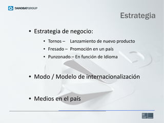 Estrategia
●

Estrategia de negocio:
●

Tornos – Lanzamiento de nuevo producto

●

Fresado – Promoción en un país

●

Punzonado – En función de Idioma

●

Modo / Modelo de internacionalización

●

Medios en el país

 