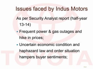 Issues faced by Indus Motors
As per Security Analyst report (half-year
13-14)
 Frequent power & gas outages and
hike in prices;
 Uncertain economic condition and
haphazard law and order situation
hampers buyer sentiments;
Zain
 