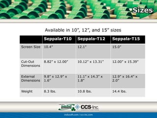 Available in 10”, 12”, and 15” sizes
              Seppala-T10      Seppala-T12       Seppala-T15

Screen Size   10.4”            12.1”             15.0”



Cut-Out       8.82” x 12.00”   10.12” x 13.31”   12.00” x 15.39”
Dimensions


External      9.8” x 12.9” x   11.1” x 14.3” x   12.9” x 16.4” x
Dimensions    1.6”             1.8”              2.0”


Weight        8.3 lbs.         10.8 lbs.         14.4 lbs.
 