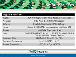 Seppala-T Panel HMI
Display                   XGA TFT Display with 5-Wire Resistive Touchscreen
Processor                         Intel Atom 1.6 GHz N270 Processor
Software                         InduSoft Web Studio SCADA Software
Memory                    Onboard 1GB DDR2; can support an additional 1GB
Storage                               Intel Solid State Hard Drive
Ports                   (1) RS-232/422/485 Serial, (1) RS-232 Serial (4)USB 2.0
                                   (2) 10/100/1000 Gigabit Ethernet
Expansion Slots                     (1) Mini PCI Slot, (1) Mini PCIe
Operating Temperature                   0°~ 55°C (32°~131°F)
Storage Temperature                    -20°~75°C (-4°~167°F)
 