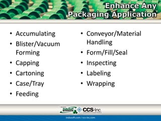 • Accumulating     • Conveyor/Material
• Blister/Vacuum     Handling
  Forming          • Form/Fill/Seal
• Capping          • Inspecting
• Cartoning        • Labeling
• Case/Tray        • Wrapping
• Feeding
 