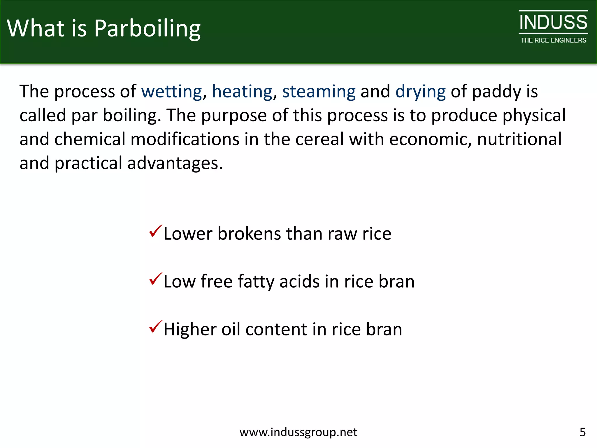 What is Parboiling

 The process of wetting, heating, steaming and drying of paddy is
 called par boiling. The purpose of this process is to produce physical
 and chemical modifications in the cereal with economic, nutritional
 and practical advantages.


                 Lower brokens than raw rice

                 Low free fatty acids in rice bran

                 Higher oil content in rice bran




                             www.indussgroup.net                          5
 