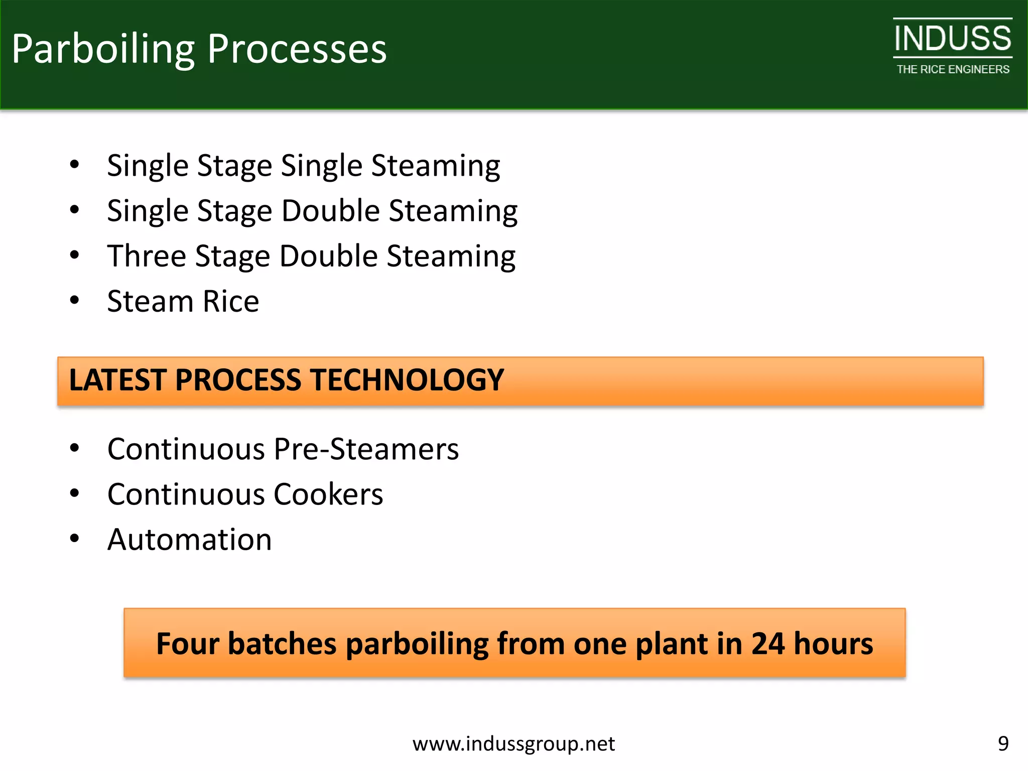 Parboiling Processes

   •   Single Stage Single Steaming
   •   Single Stage Double Steaming
   •   Three Stage Double Steaming
   •   Steam Rice

   LATEST PROCESS TECHNOLOGY

   • Continuous Pre-Steamers
   • Continuous Cookers
   • Automation


          Four batches parboiling from one plant in 24 hours

                           www.indussgroup.net                 9
 