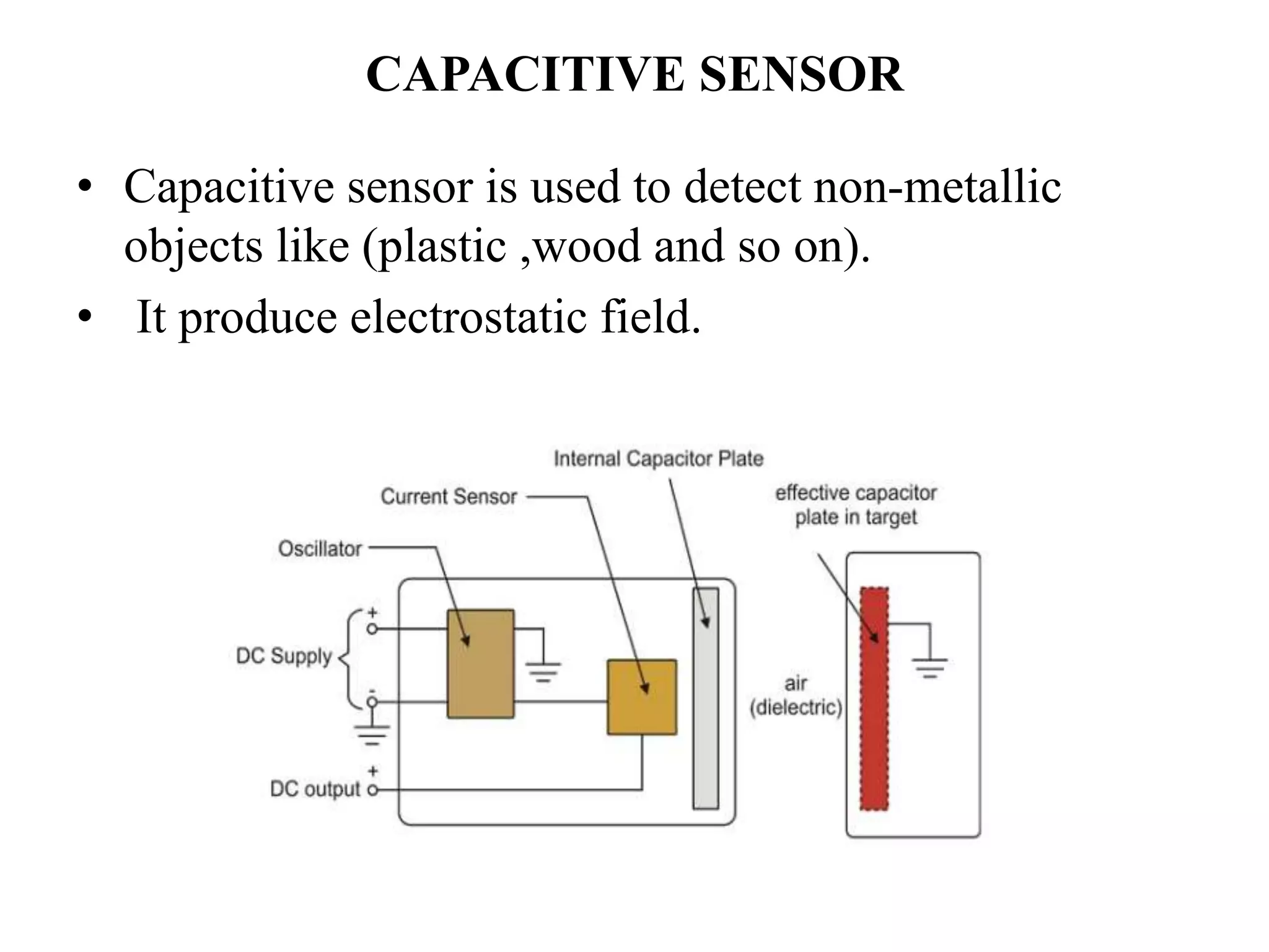 CAPACITIVE SENSOR
• Capacitive sensor is used to detect non-metallic
objects like (plastic ,wood and so on).
• It produce electrostatic field.
 