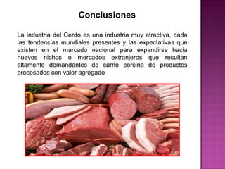 La industria del Cerdo es una industria muy atractiva, dada
las tendencias mundiales presentes y las expectativas que
existen en el marcado nacional para expandirse hacia
nuevos nichos o mercados extranjeros que resultan
altamente demandantes de carne porcina de productos
procesados con valor agregado
Conclusiones
 