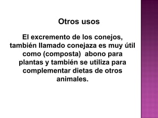El excremento de los conejos,
también llamado conejaza es muy útil
como (composta) abono para
plantas y también se utiliza para
complementar dietas de otros
animales.
Otros usos
 