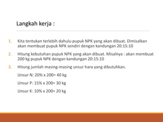 1. Kita tentukan terlebih dahulu pupuk NPK yang akan dibuat. Dimisalkan
akan membuat pupuk NPK sendiri dengan kandungan 20:15:10
2. Hitung kebutuhan pupuk NPK yang akan dibuat. Misalnya : akan membuat
200 kg pupuk NPK dengan kandungan 20:15:10
3. Hitung jumlah masing-masing unsur hara yang dibutuhkan.
Unsur N: 20% x 200= 40 kg
Unsur P: 15% x 200= 30 kg
Unsur K: 10% x 200= 20 kg
Langkah kerja :
 