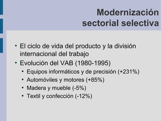 Modernización
sectorial selectiva
●

●

El ciclo de vida del producto y la división
internacional del trabajo
Evolución del VAB (1980-1995)
●
●
●
●

Equipos informáticos y de precisión (+231%)
Automóviles y motores (+85%)
Madera y mueble (-5%)
Textil y confección (-12%)

 