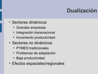 Dualización
●

Sectores dinámicos
●
●
●

●

Sectores no dinámicos
●
●
●

●

Grandes empresas
Integración transnacional
Incremento productividad
PYMES tradicionales
Problemas de adaptación
Baja productividad

Efectos espaciales/regionales

 